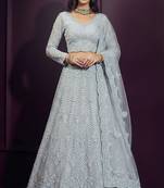 Grey Butterfly Net Heavy Embroidery With Stone Work