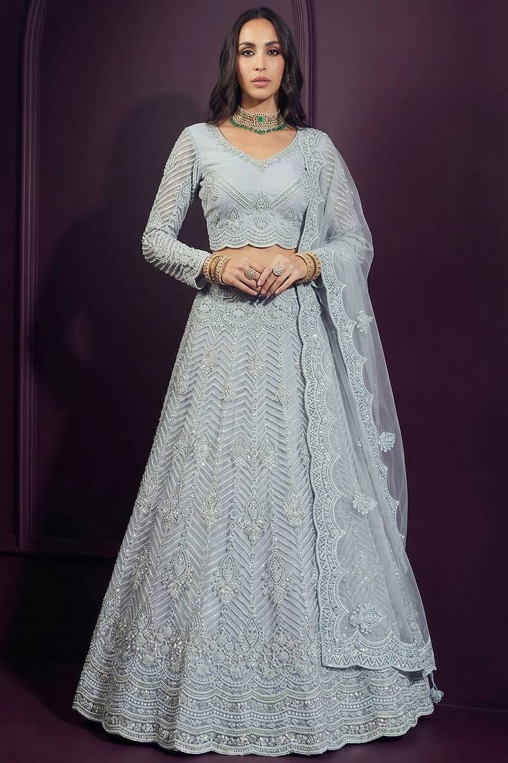 Grey Butterfly Net Heavy Embroidery With Stone Work