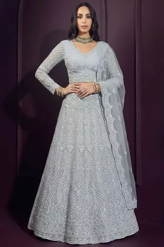 Grey Butterfly Net Heavy Embroidery With Stone Work
