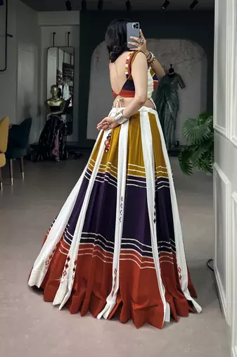 Women's Soft Rayon Multicolor Navratri free size Lehenga Choli Set with Authentic Mirror & Gota Patti