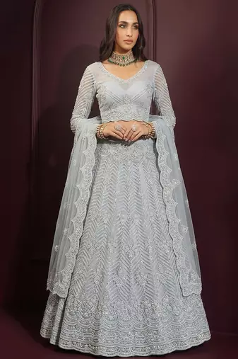 Grey Butterfly Net Heavy Embroidery With Stone Work