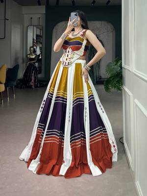 Women's Soft Rayon Multicolor Navratri free size Lehenga Choli Set with Authentic Mirror & Gota Patti 4