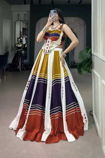 Women's Soft Rayon Multicolor Navratri free size Lehenga Choli Set with Authentic Mirror & Gota Patti