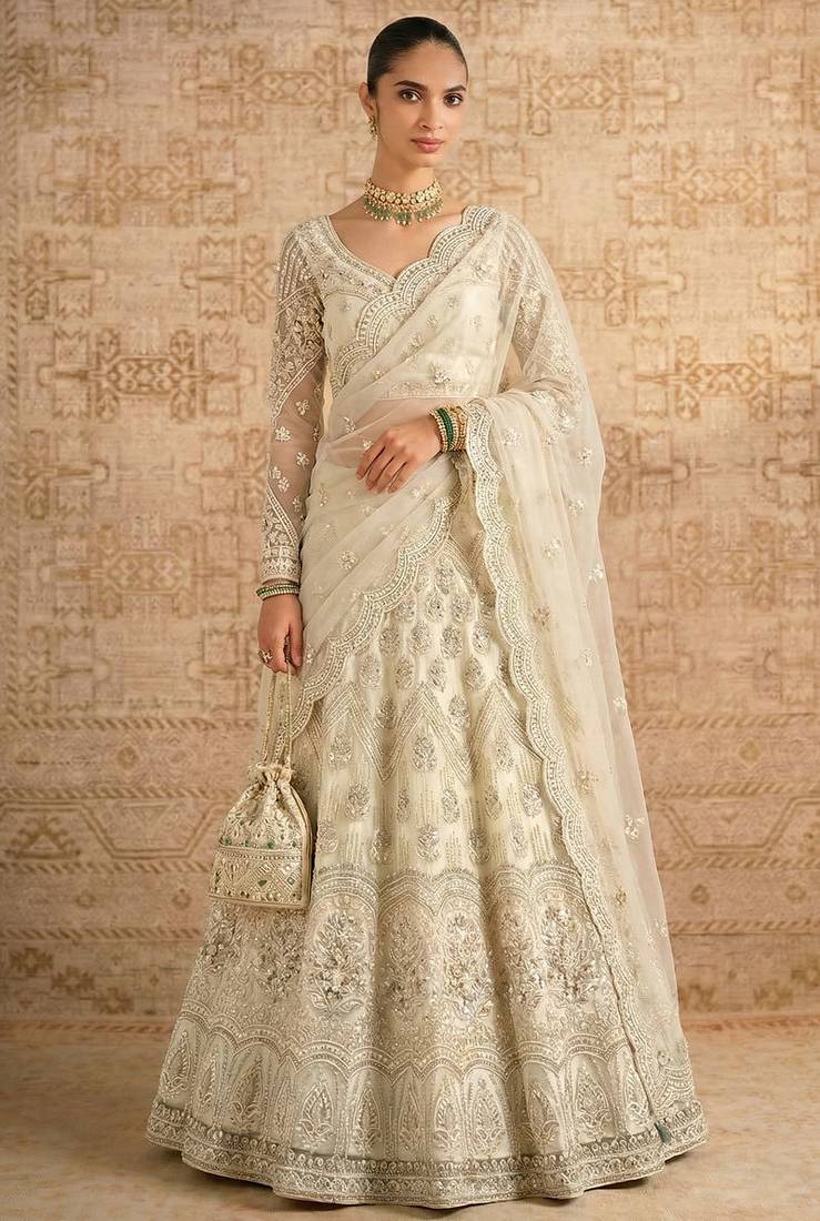 Off White Butterfly Net Heavy Embroidery With Stone Work