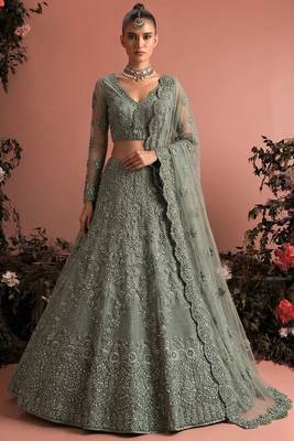 Sage Green Butterfly Net Heavy Embroidery With Stone Work 1
