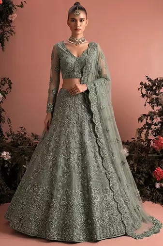 Sage Green Butterfly Net Heavy Embroidery With Stone Work
