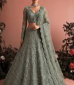Sage Green Butterfly Net Heavy Embroidery With Stone Work