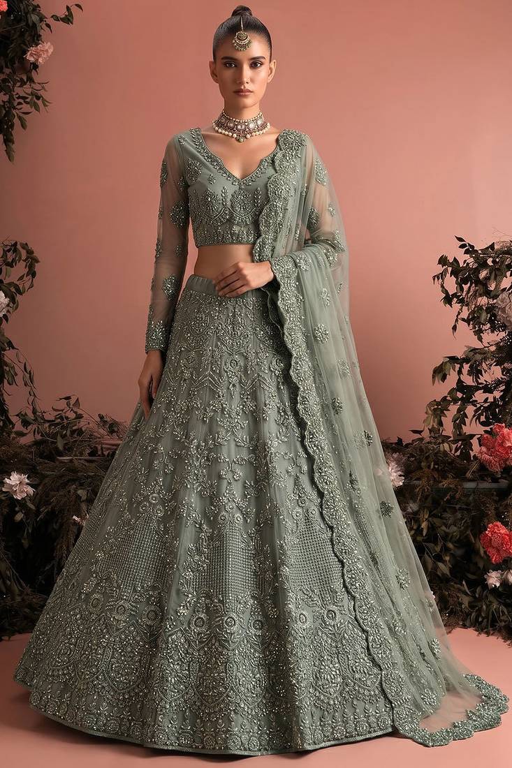 Sage Green Butterfly Net Heavy Embroidery With Stone Work