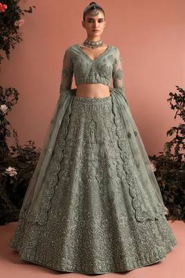 Sage Green Butterfly Net Heavy Embroidery With Stone Work 2