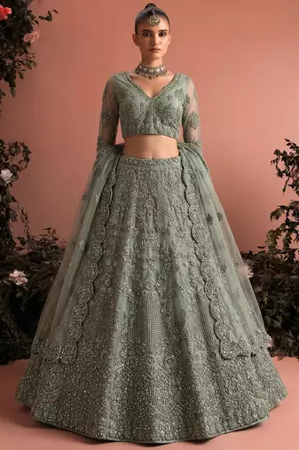 Sage Green Butterfly Net Heavy Embroidery With Stone Work