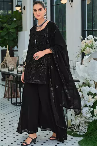 Women Ethnic Motifs Embroidered Regular Sequinned Kurta with Palazzos & With Dupatta