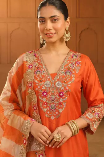 Embroidered Silk Blend Straight Kurta Pant and Dupatta Set