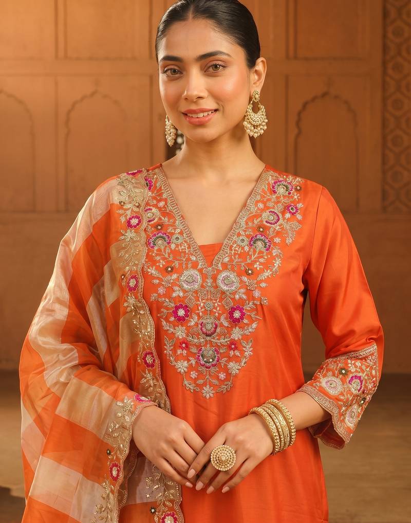 Embroidered Silk Blend Straight Kurta Pant and Dupatta Set