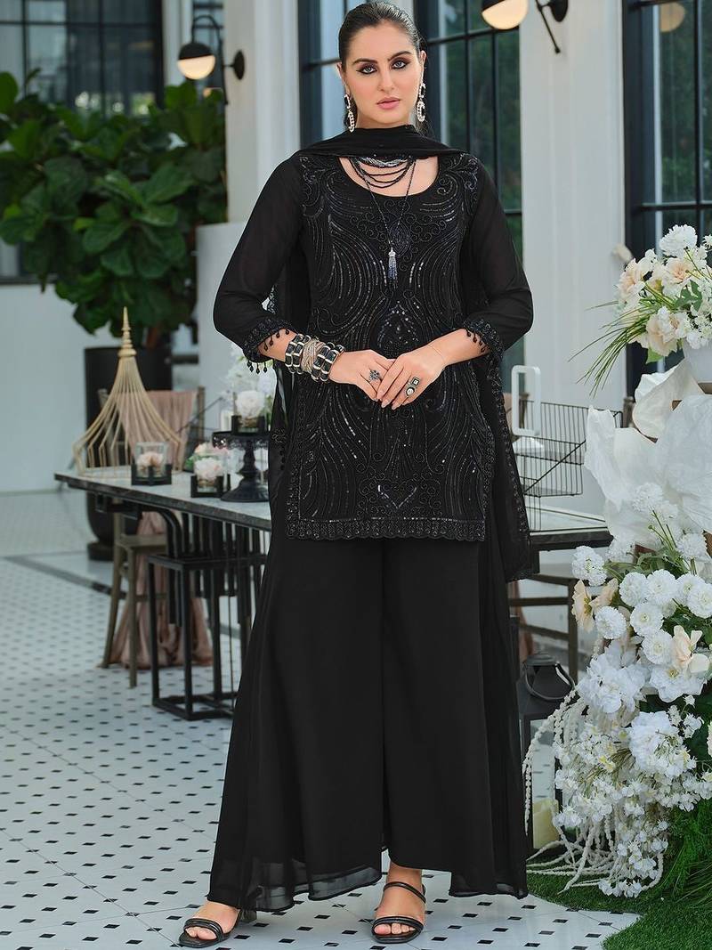 Women Ethnic Motifs Embroidered Regular Sequinned Kurta with Palazzos & With Dupatta