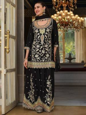Women Ethnic Motifs Embroidered Regular Thread Work Kurta with Sharara & With Dupatta 1