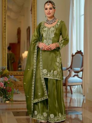Women Ethnic Motifs Embroidered Regular Thread Work Kurta with Sharara & With Dupatta 1