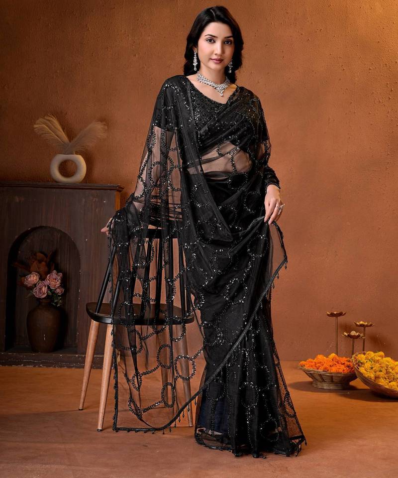 Designer beads,sequence, peal embroidery saree
