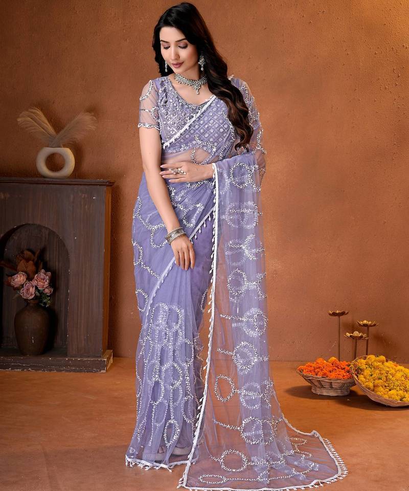 Designer beads,sequence, peal embroidery saree