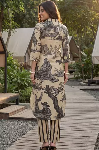 Women Ethnic Motifs Printed Regular Linen Kurta with Trousers