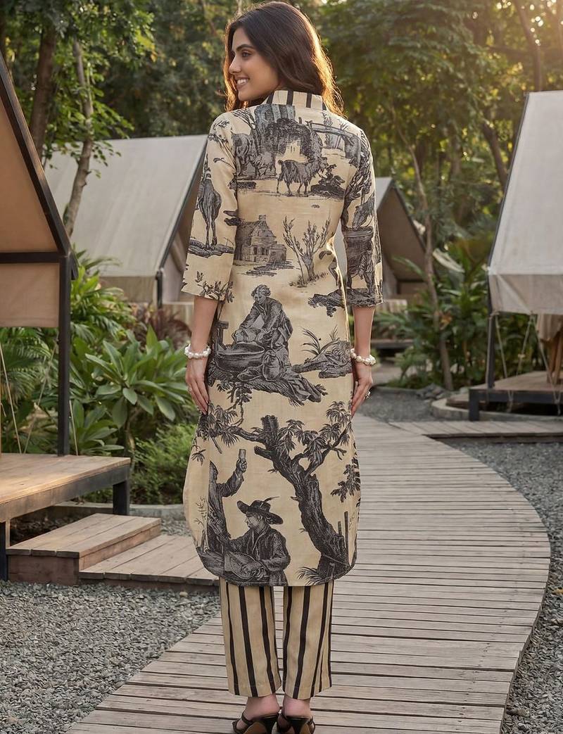 Women Ethnic Motifs Printed Regular Linen Kurta with Trousers