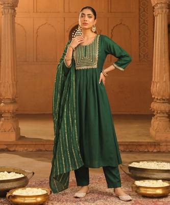 Women's Beautiful Embroidery Work Viscose Silk Fabric Flared Kurta Pant and Dupatta Set 1
