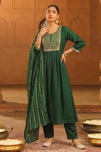 Women's Beautiful Embroidery Work Viscose Silk Fabric Flared Kurta Pant and Dupatta Set