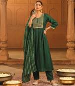 Women's Beautiful Embroidery Work Viscose Silk Fabric Flared Kurta Pant and Dupatta Set