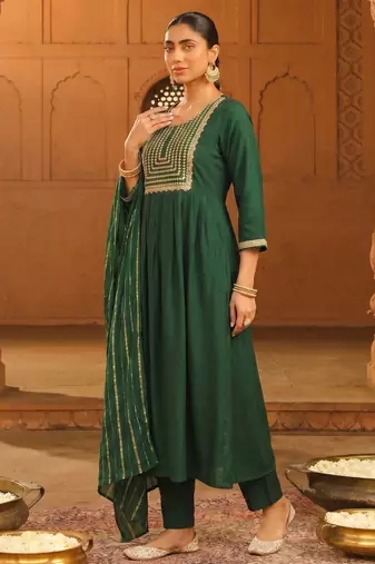 Women's Beautiful Embroidery Work Viscose Silk Fabric Flared Kurta Pant and Dupatta Set