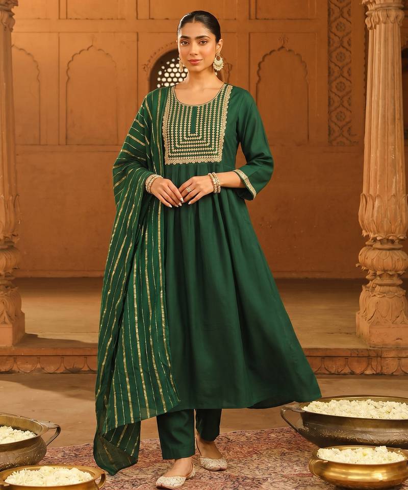 Women's Beautiful Embroidery Work Viscose Silk Fabric Flared Kurta Pant and Dupatta Set