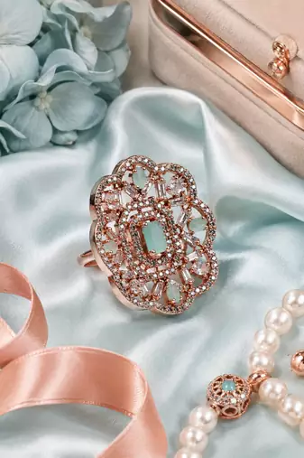 Rose gold finish mint cz stone adjustable ring