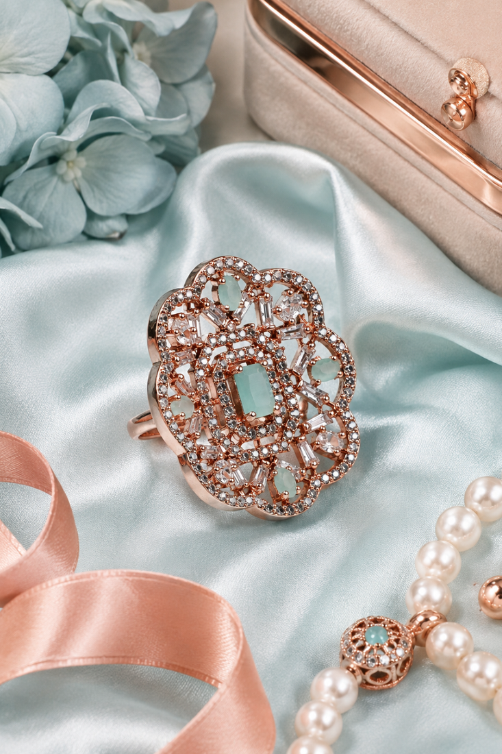 Rose gold finish mint cz stone adjustable ring