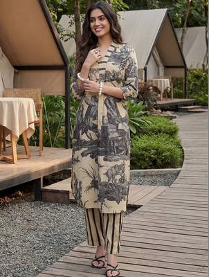 Women Ethnic Motifs Printed Regular Linen Kurta with Trousers 1