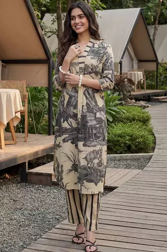Women Ethnic Motifs Printed Regular Linen Kurta with Trousers