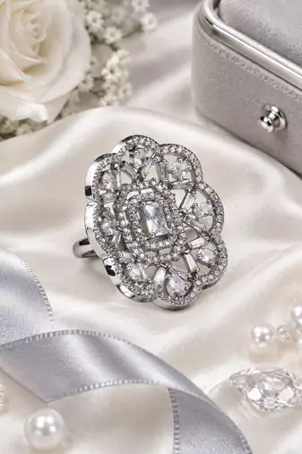 Rhodium finish cz stone adjustable ring