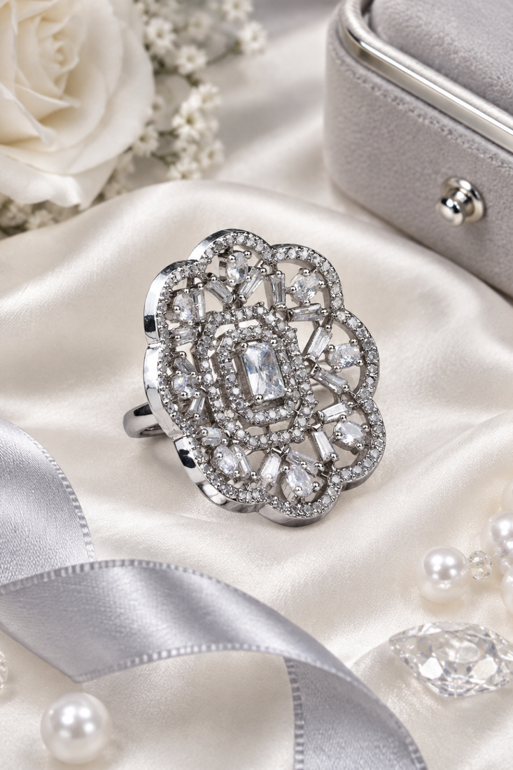 Rhodium finish cz stone adjustable ring