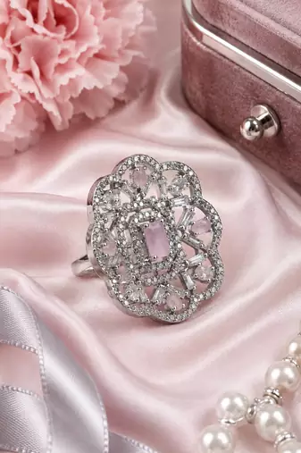 Rhodium finish pink cz stone adjustable ring