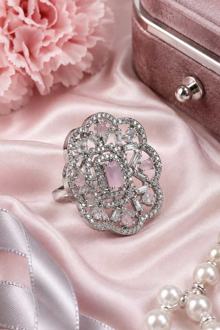 Rhodium finish pink cz stone adjustable ring