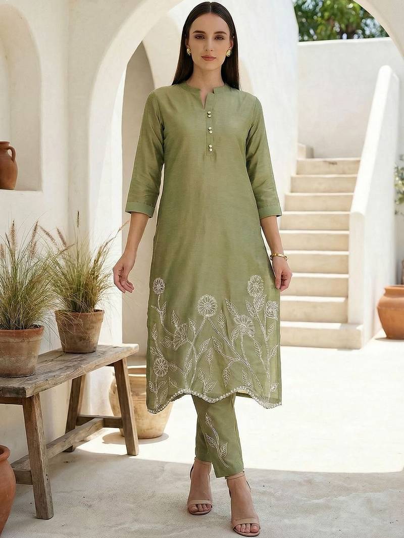 Women Floral Embroidered Regular Thread Work Kurta with Trousers