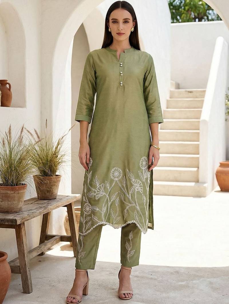 Women Floral Embroidered Regular Thread Work Kurta with Trousers