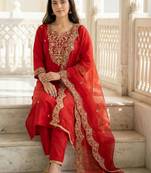 Women Ethnic Motifs Embroidered Regular Thread Work Liva Kurta with Trousers & With Dupatta