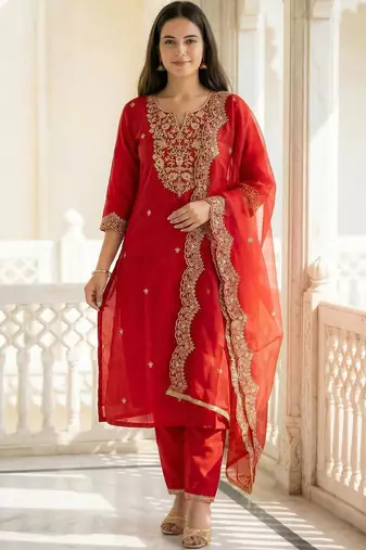 Women Ethnic Motifs Embroidered Regular Thread Work Liva Kurta with Trousers & With Dupatta