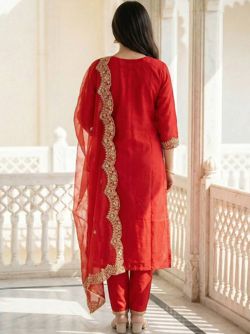 Women Ethnic Motifs Embroidered Regular Thread Work Liva Kurta with Trousers & With Dupatta