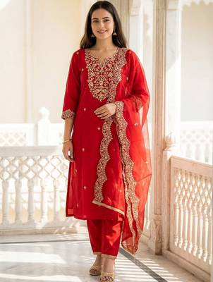 Women Ethnic Motifs Embroidered Regular Thread Work Liva Kurta with Trousers & With Dupatta 4