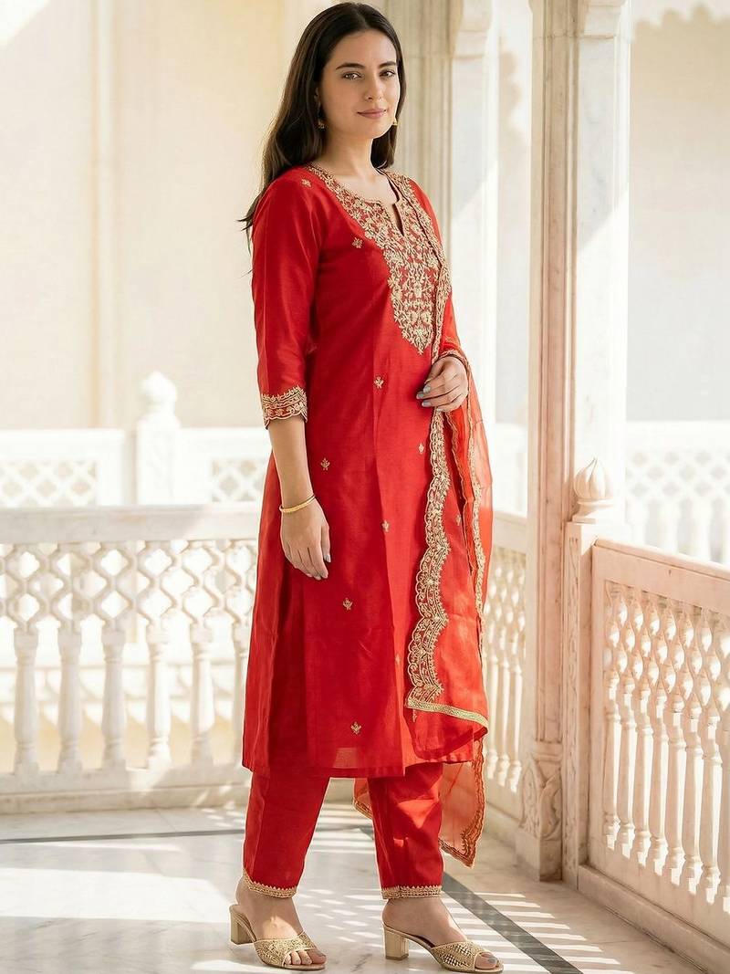 Women Ethnic Motifs Embroidered Regular Thread Work Liva Kurta with Trousers & With Dupatta