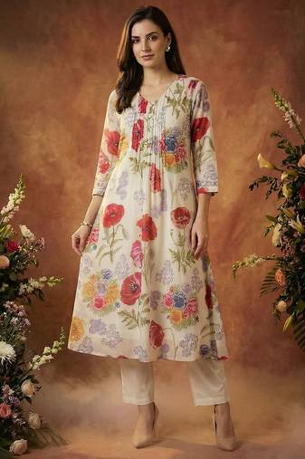 Women Floral Printed Regular  Cotton Kurta with Trousers