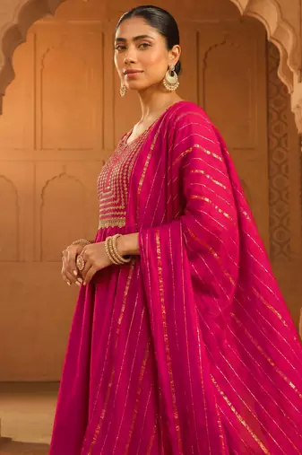 Embroidered Viscose Silk Flared Kurta Pant and Dupatta Set