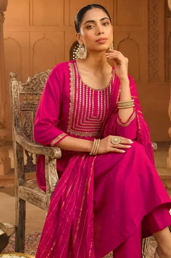 Embroidered Viscose Silk Flared Kurta Pant and Dupatta Set