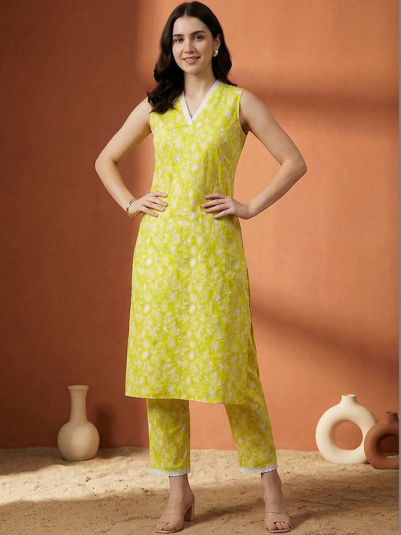 Women Floral Printed Regular Pure Cotton Kurta with Trousers