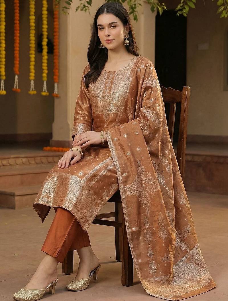 Women Ethnic Motifs Regular Thread Work Kurta with Trousers & With Dupatta