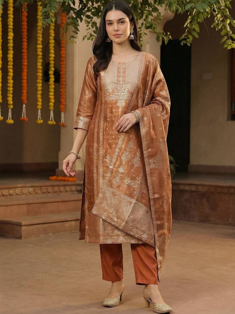 Women Ethnic Motifs Regular Thread Work Kurta with Trousers & With Dupatta